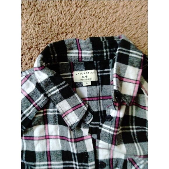 MATCHSTICK Womans Plaid Shirt L White /Black/ Pink Long Sleeve Button Up Large - Picture 2 of 3